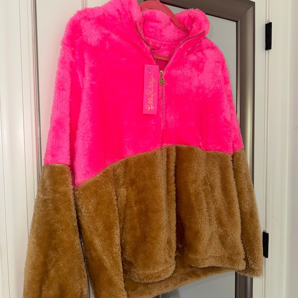 Lilly Pulitzer Pink and Brown Plush Hooded Jacket